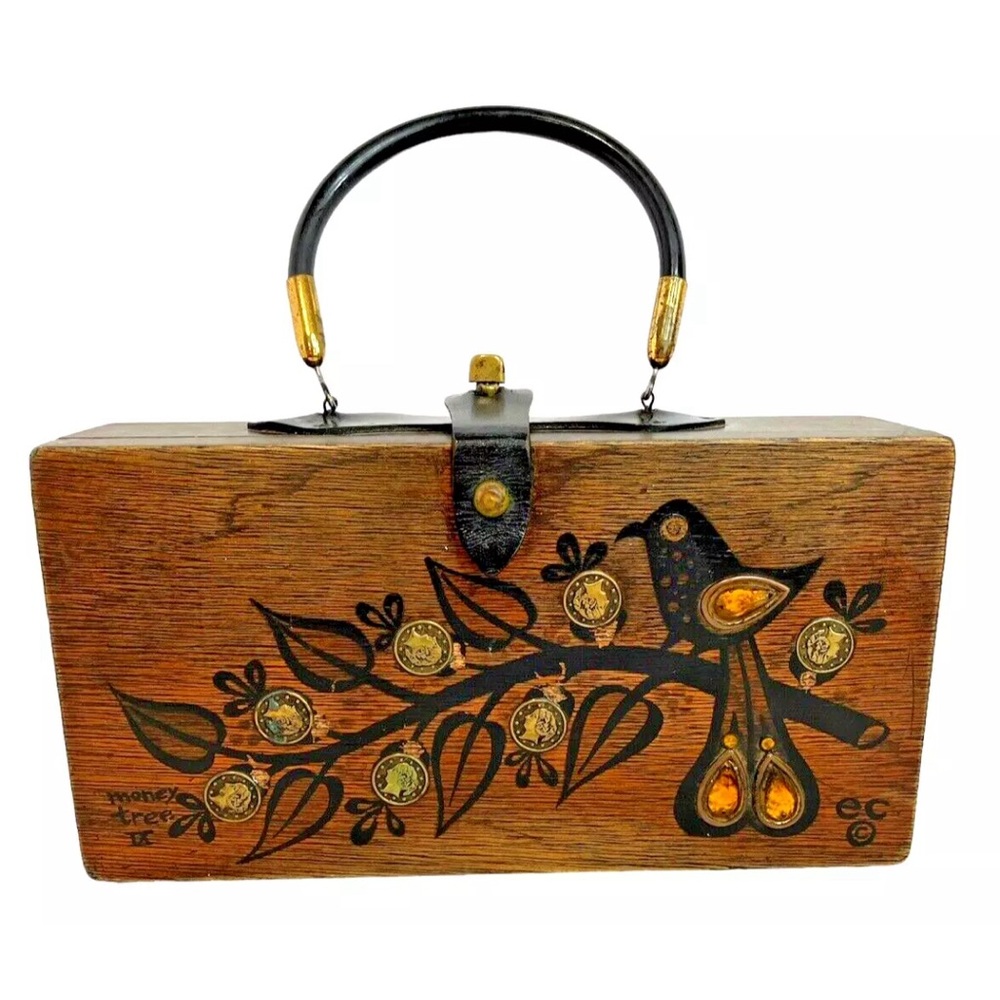 Enid Collins Wooden Purse Box Bag Money Tree IX MCM Mirror Jewels Coins 1964